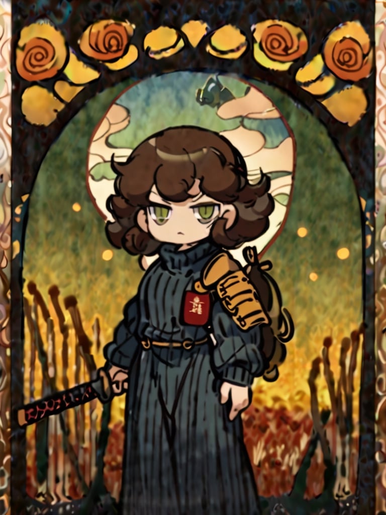 masterpiece, best quality, (art nouveau 1.5)
1girl, chibi characters, yellow japanese armour, japanese sworld, katana, [brown hair/green hari], green eyes, serious
Right hand holding a katana, left hand on hip, shoulder-width standing, a flag on her back
field, morning, windy, hair flying, cute knight, warrior,virgin destroyer sweater