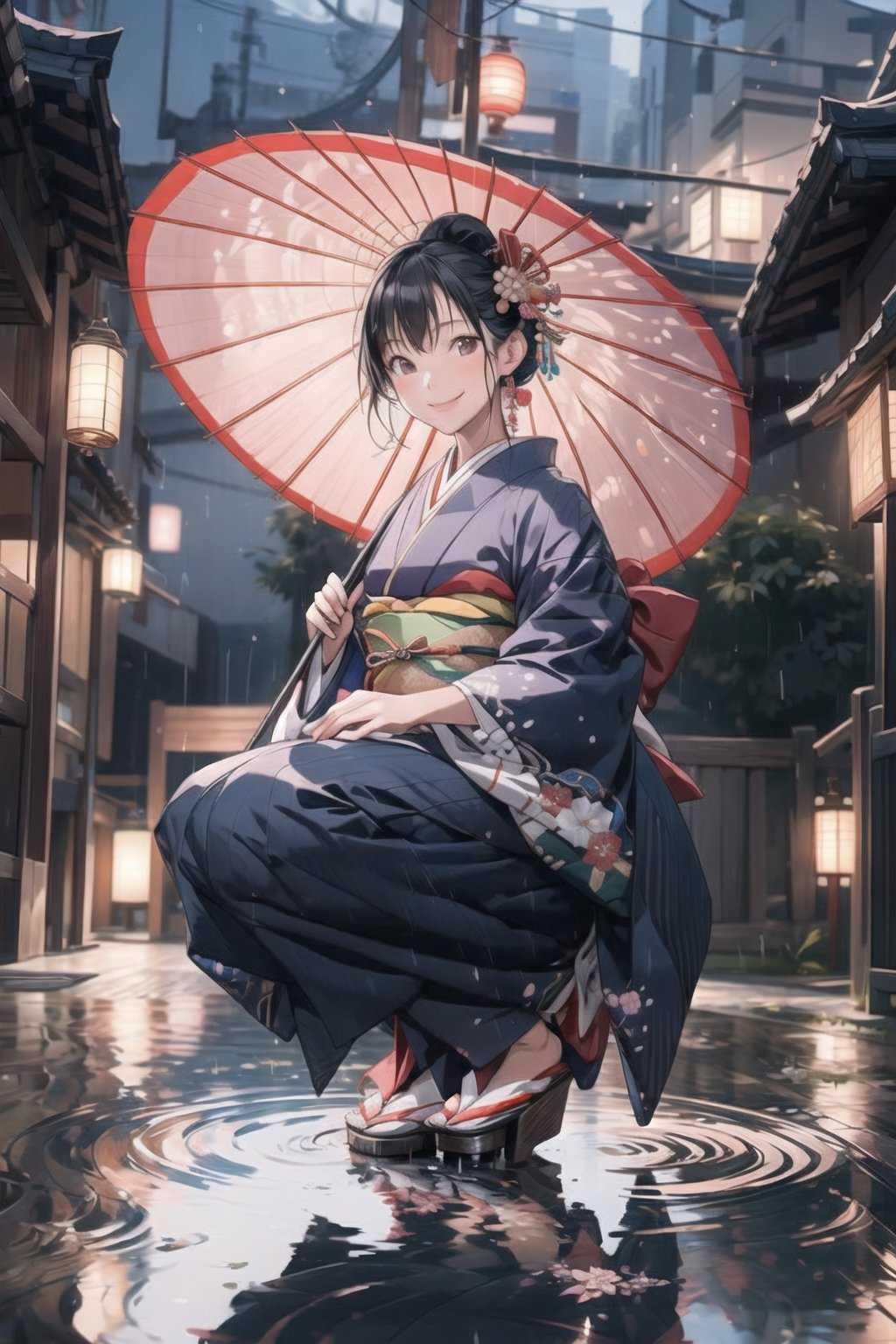 1 girl ,solo, smile, squat, midnight, rainy night, kimono, japanese traditional clothes, (from below 1.5), (front view 1.5), (full body 1.5), water puddle, reflection, hand reach to viewer, looking_at_viewer, street view,hand holding umbrella