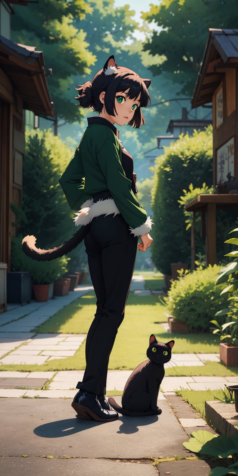 anime animal, solo black cat, green tail tip,