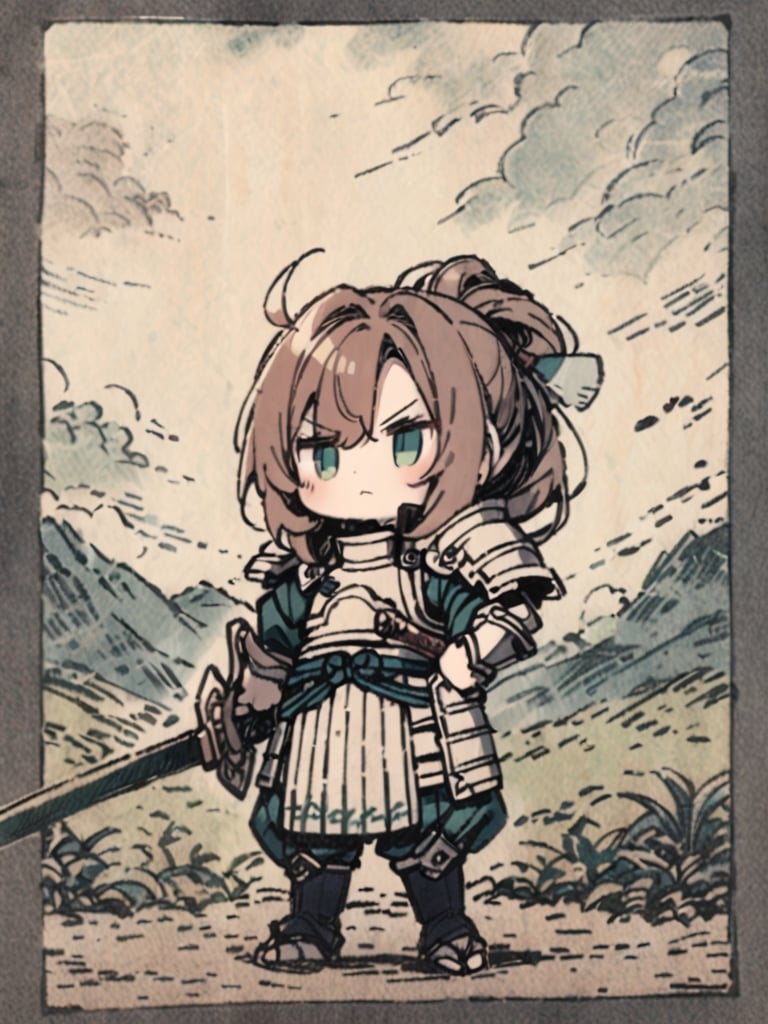 masterpiece, best quality, high Resolution, (flat_colour 1.5)
1girl, chibi characters, yellow japanese armour, japanese sworld, katana, [brown hair/green hari], green eyes, serious
Right hand holding a katana, left hand on hip, shoulder-width standing, 
field, morning, windy, hair flying, cute knight, warrior,Ukiyo-e