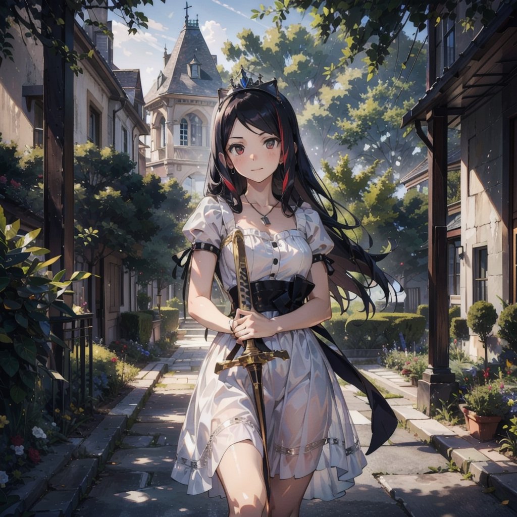 High-definition, young princess in a rose garden. Aged 5-10, with long golden hair and red highlights, wearing a white summer dress, surrounded by many cats. The princess has a petite stature and a innocent, joyful expression, adorned with a silver necklace and jewel-studded rings. Carrying a streamlined weapon and wielding a large sword symbolizing authority.,Void volumes,jill stingray,CTUThousezdesignv1