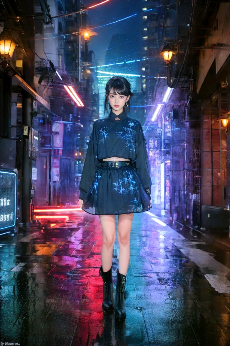 1 girl, a beautiful young Asian girl with long straight hair, bangs, blue eyes, straight nose, white soft skin; small lips, flat belly, long legs, ergonomic hands and fingers, symmetrical body shape, relaxed fingers, aesthetic looking, smiling expression; wearing hanfuskirt, Chelsea boots; right hand carry a camera; night city street, cityscape, starry night; sharp focus, wide shot, full body shot; photorealistic style; ultra detailed, soft light, warm tone, peaceful atmosphere; high dynamic range, vivid colors, high quality photo, masterpiece, extremely Realistic, best quality, fantasy scene, sharpen image,neon background.