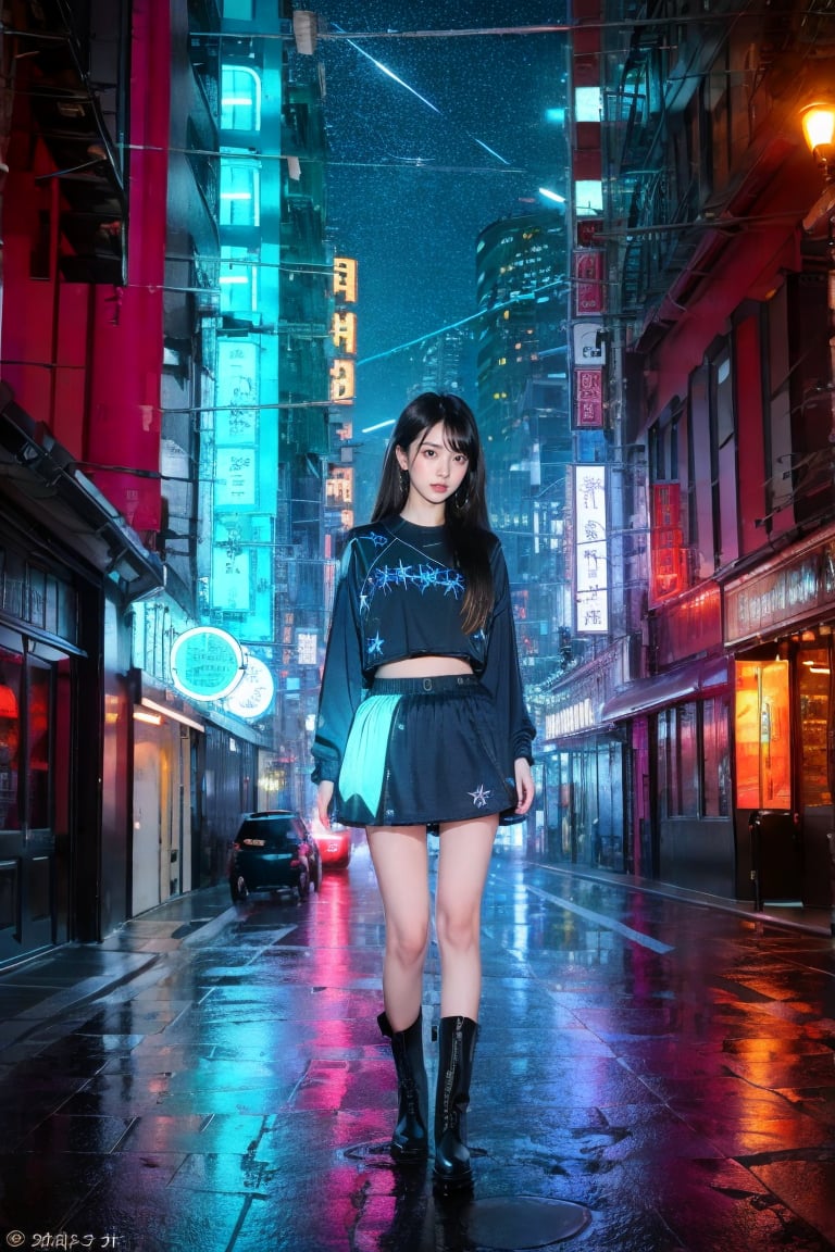 1 girl, a beautiful young Asian girl with long straight hair, bangs, blue eyes, straight nose, white soft skin; small lips, flat belly, long legs, ergonomic hands and fingers, symmetrical body shape, relaxed fingers, aesthetic looking, smiling expression; wearing hanfuskirt, Chelsea boots; right hand carry a camera; night city street, cityscape, starry night; sharp focus, wide shot, full body shot; photorealistic style; ultra detailed, soft light, warm tone, peaceful atmosphere; high dynamic range, vivid colors, high quality photo, masterpiece, extremely Realistic, best quality, fantasy scene, sharpen image,neon background.