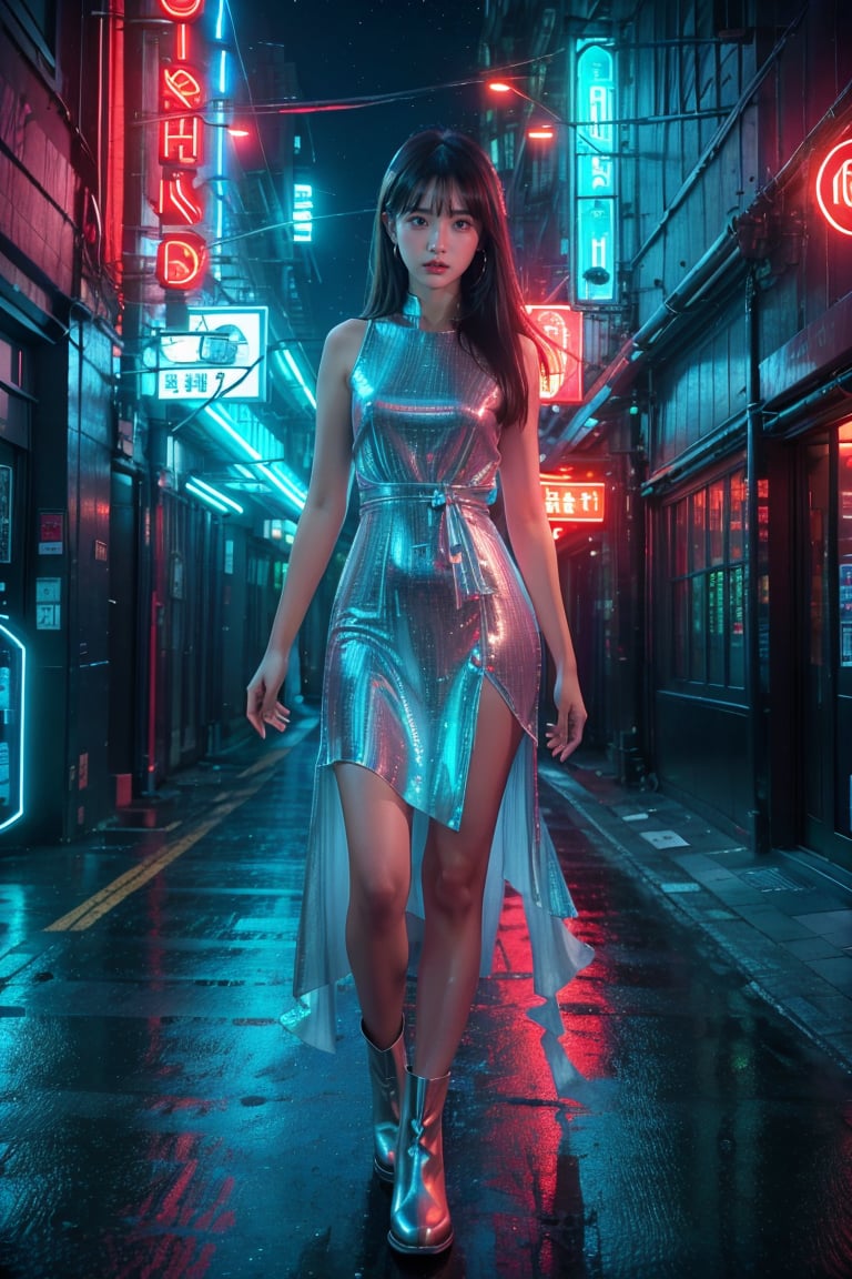 1 girl, a beautiful young smiling Asian girl with long straight hair, bangs, blue eyes, straight nose, white soft skin; small lips, flat belly, long legs, ergonomic hands and fingers, symmetrical body shape, relaxed fingers, aesthetic looking; wearing long silver silky dress, Chelsea boots; night city street at Taipei, cityscape, starry night; sharp focus, wide shot, full body shot; photorealistic style; ultra detailed, soft light, warm tone; high dynamic range, vivid colors, high quality photo, masterpiece, extremely Realistic, best quality, fantasy scene, sharpen image,neon background, Colorful Binary Code Energy, ray tracing, bokeh, depth of field, raw photo, soft neon lights.