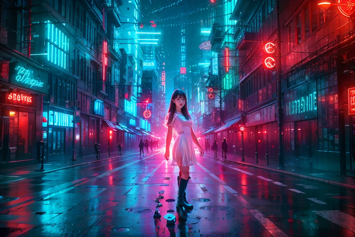 1 girl, a beautiful young smiling Asian girl with long straight hair, bangs, blue eyes, straight nose, white soft skin; small lips, flat belly, long legs, ergonomic hands and fingers, symmetrical body shape, relaxed fingers, aesthetic looking, smiling expression; wearing long silver dress, Chelsea boots; right hand carry a camera; night city street, cityscape, starry night; sharp focus, wide shot, full body shot; photorealistic style; ultra detailed, soft light, warm tone; high dynamic range, vivid colors, high quality photo, masterpiece, extremely Realistic, best quality, fantasy scene, sharpen image,neon background, Colorful Binary Code Energy.,Colorful Binary Code Energy.