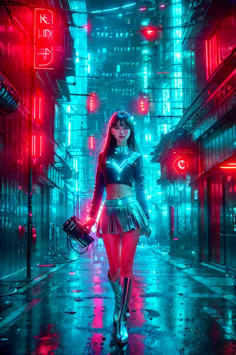 1 girl, a beautiful young Asian girl with long straight hair, bangs, blue eyes, straight nose, white soft skin; small lips, flat belly, long legs, ergonomic hands and fingers, symmetrical body shape, relaxed fingers, aesthetic looking, smiling expression; wearing silver hanfuskirt, Chelsea boots; right hand carry a camera; night city street, cityscape, starry night; sharp focus, wide shot, full body shot; photorealistic style; ultra detailed, soft light, warm tone, peaceful atmosphere; high dynamic range, vivid colors, high quality photo, masterpiece, extremely Realistic, best quality, fantasy scene, sharpen image,neon background, Colorful Binary Code Energy.