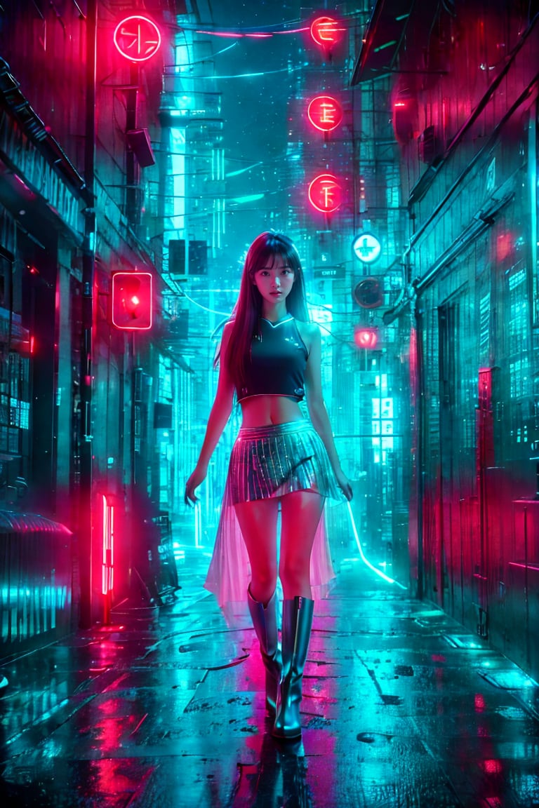 1 girl, a beautiful young Asian girl with long straight hair, bangs, blue eyes, straight nose, white soft skin; small lips, flat belly, long legs, ergonomic hands and fingers, symmetrical body shape, relaxed fingers, aesthetic looking, smiling expression; wearing silver hanfuskirt, Chelsea boots; right hand carry a camera; night city street, cityscape, starry night; sharp focus, wide shot, full body shot; photorealistic style; ultra detailed, soft light, warm tone, peaceful atmosphere; high dynamic range, vivid colors, high quality photo, masterpiece, extremely Realistic, best quality, fantasy scene, sharpen image,neon background, Colorful Binary Code Energy.