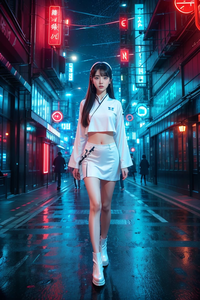 1 girl, a beautiful young Asian girl with long straight hair, bangs, blue eyes, straight nose, white soft skin; small lips, flat belly, long legs, ergonomic hands and fingers, symmetrical body shape, relaxed fingers, aesthetic looking, smiling expression; wearing long silver hanfu, Chelsea boots; right hand carry a camera; night city street, cityscape, starry night; sharp focus, wide shot, full body shot; photorealistic style; ultra detailed, soft light, warm tone; high dynamic range, vivid colors, high quality photo, masterpiece, extremely Realistic, best quality, fantasy scene, sharpen image,neon background, Colorful Binary Code Energy.