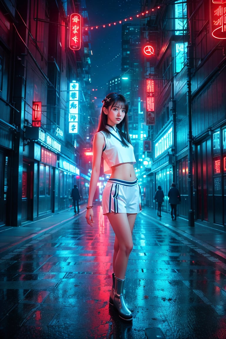 1 girl, a beautiful young Asian girl with long straight hair, bangs, blue eyes, straight nose, white soft skin; small lips, flat belly, long legs, ergonomic hands and fingers, symmetrical body shape, relaxed fingers, aesthetic looking, smiling expression; wearing long silver hanfu, Chelsea boots; right hand carry a camera; night city street, cityscape, starry night; sharp focus, wide shot, full body shot; photorealistic style; ultra detailed, soft light, warm tone; high dynamic range, vivid colors, high quality photo, masterpiece, extremely Realistic, best quality, fantasy scene, sharpen image,neon background, Colorful Binary Code Energy.