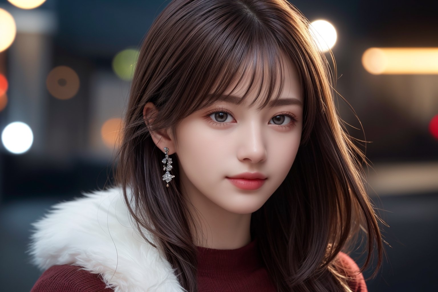 masterpiece, high quality, realistic aesthetic photo ,(HDR:1.4), pore and detailed, intricate detailed, graceful and beautiful textures, RAW photo, 16K, (bokeh:1.3), natural moon light, back lighting, Subsurface scattering, warm tone, (front from face shot),
25yo-japanese-1girl, beautiful face, (light-smile:1.1),  beautiful black straight long hair, dull bangs, (hair blowing in the wind:1.2), (detailed beautiful dark-brown eyes:1.3), smooth skin, juicy lips, eye_shadow, small earing, dark-red sweater, (glare at camera:1.2),          
high detailed, ultra detailed, 9x16 aspect ratio, 
high resolution, world-class official images, impressive visual, perfect composition,1 girl,Realism