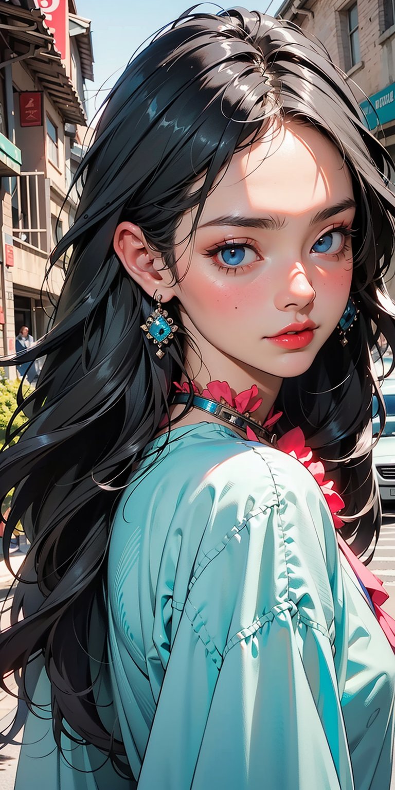 Create a full-length portrait of an Asian woman with a beautiful face and supermodel figure, showing the street elegance and temperament of an 18-year-old girl, creating a strong contrast with the street view behind her. black long hair, blue eyes, blue, pink face makeup, loose t-shirt, create a full body look, earrings in her ears and a modest necklace around her neck ((Masterpiece, Best Quality)) ultra-high-definition pictures, crystal transparency, vivid artworks super real, photography style, realistic style, cinematic filmmaker style, , horror (theme), stworki