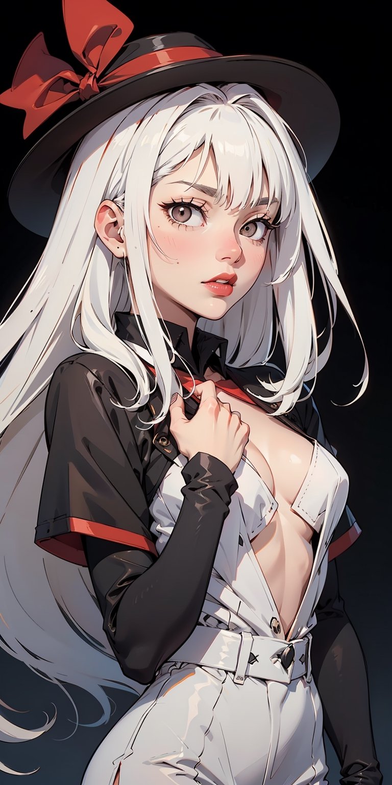 black hat, white hair, long hair, ((white eyes)), red lipstick, black shirt, red bow on chest, black gloves, white eyes,PHbtt90s_style