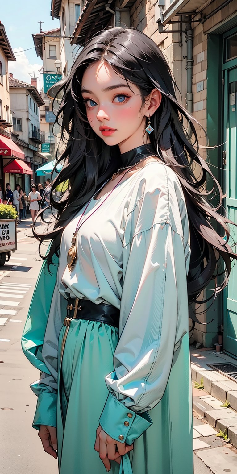 Create a full-length portrait of an Asian woman with a beautiful face and supermodel figure, showing the street elegance and temperament of an 18-year-old girl, creating a strong contrast with the street view behind her. black long hair, blue eyes, blue, pink face makeup, loose t-shirt, create a full body look, earrings in her ears and a modest necklace around her neck ((Masterpiece, Best Quality)) ultra-high-definition pictures, crystal transparency, vivid artworks super real, photography style, realistic style, cinematic filmmaker style, , horror (theme), stworki