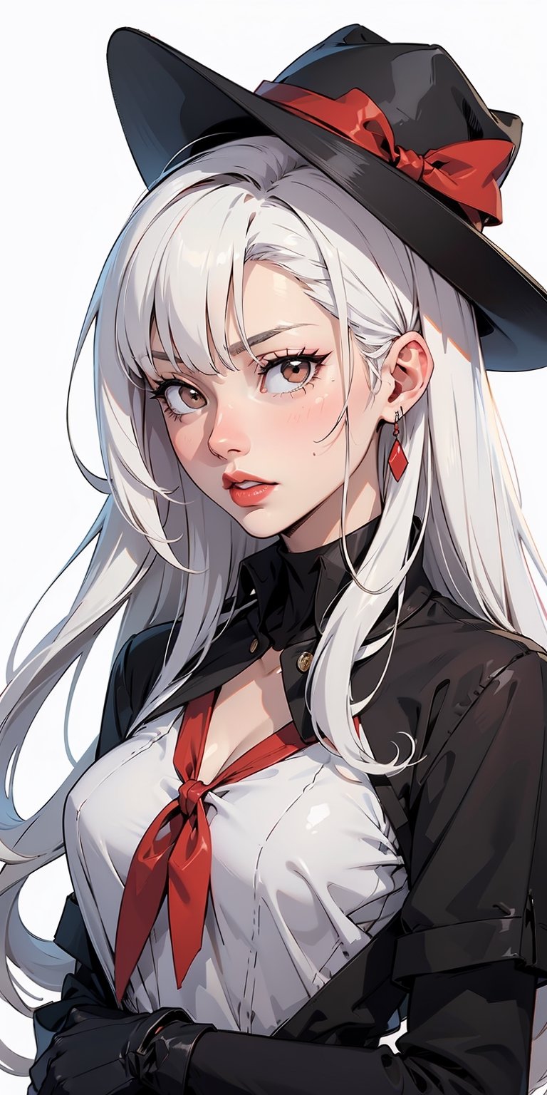 black hat, white hair, long hair, ((white eyes)), red lipstick, black shirt, red bow on chest, black gloves, white eyes,PHbtt90s_style