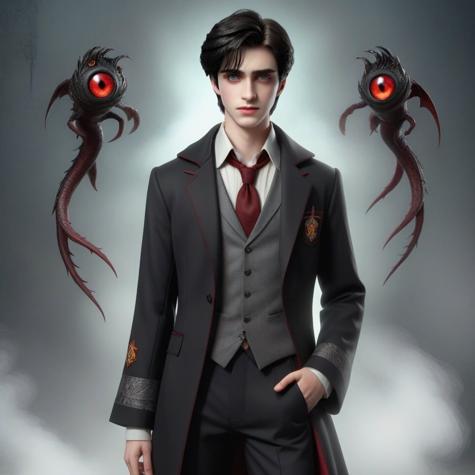  tall, handsome teenager, with bright eyes with red irises and line-shaped pupils and black sclera, with both hands behind his back, medium-length black hair, dressed like a high-class nobleman from the late medieval period, pale skin, elegant black shoes and gray pants,3d stylea,slytherin,magic_world,black family from the world of harry potter