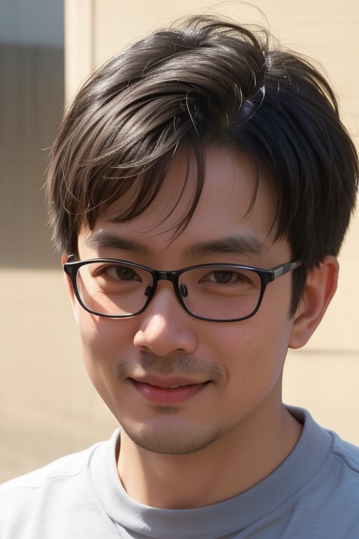  A photography piece captured with a 50mm lens, showcasing a realistic portrait of a 37-year-old Japanese-American male writer, Kevin Zhang, who specializes in articles about employment trends. He wears black-framed glasses, has double eyelids, short hair, and thin lips. The color temperature is warm, with a facial expression that conveys deep thought and focus, natural lighting, and a professional yet comfortable atmosphere.