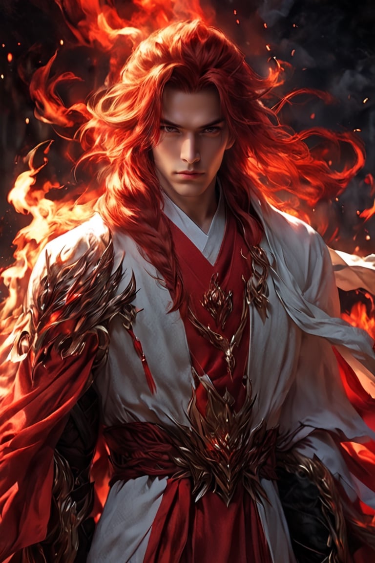 1boy, short korean hair, looking at viewer, bangs, long white sleeves. behind him there is a powerful flaming Phenix, hair between eyes, full lenght body, braid, red hair, wide sleeves, hollow, robe, red robe, shallows depth of field, dramatic light, perfect composition