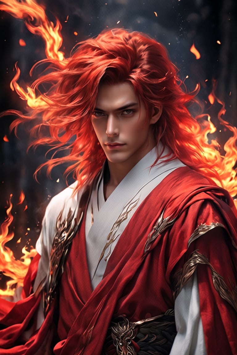 1boy, short korean hair, looking at viewer, bangs, long white sleeves. behind him there is flaming Phenix, hair between eyes, full lenght body, braid, red hair, wide sleeves, hollow, robe, red robe, shallows depth of field, dramatic light, perfect composition