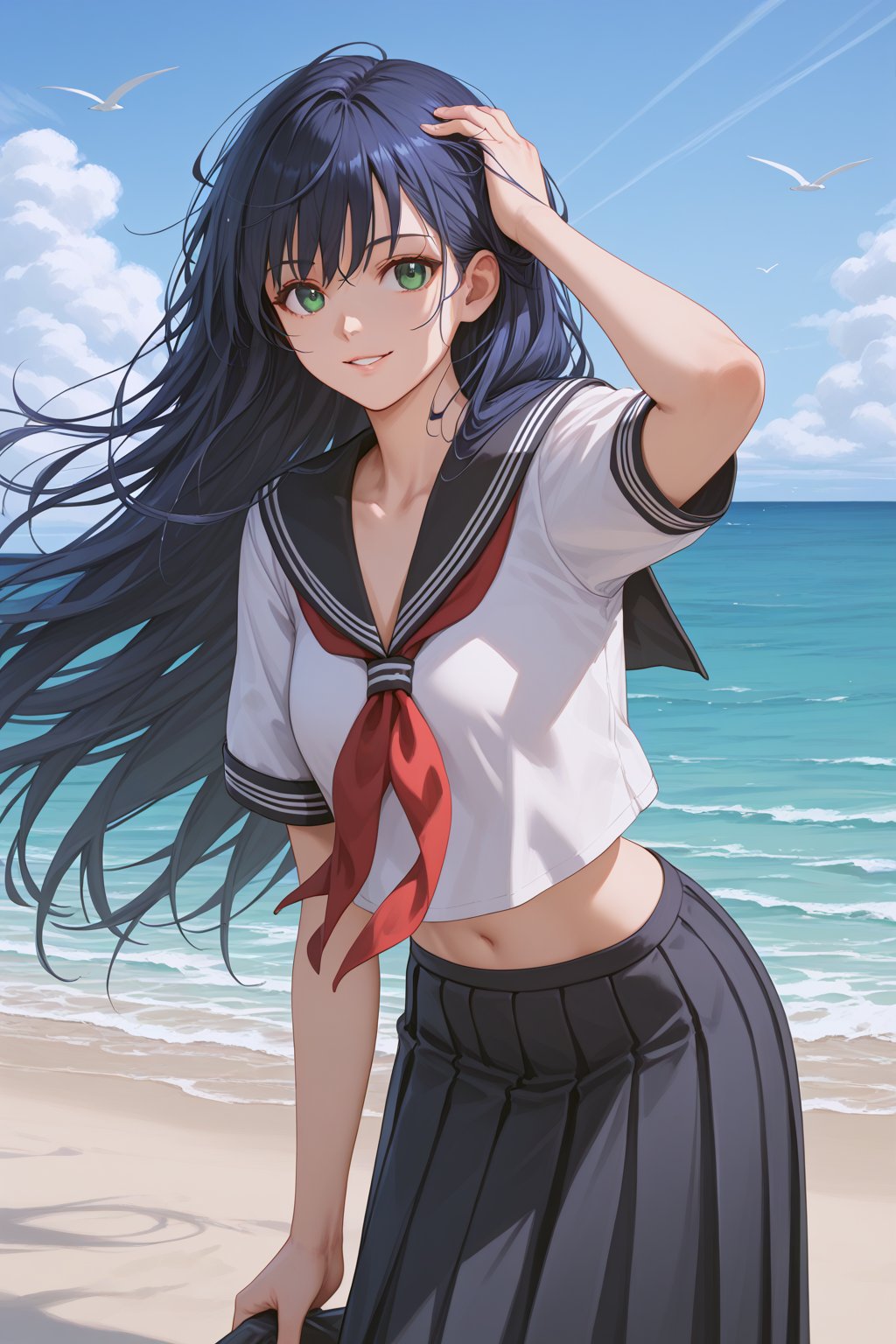 score_9, score_8_up, score_7_up, score_6_up, score_anime, masterpiece, best quality, ultra-detailed, highres, absurdres, upper body, 
1girl, solo, blacktaleayukawamadokav1, blue hair, long hair, green eyes, parted lips, navel, 
school sailor uniform, white shirt, black sailor collar, red neckerchief, long skirt, black skirt, 
ocean, beach, sky, outdoor, 
standing, leaning forward, light smile, one hand on own head, wind, fluttering hair, looking at viewer, 