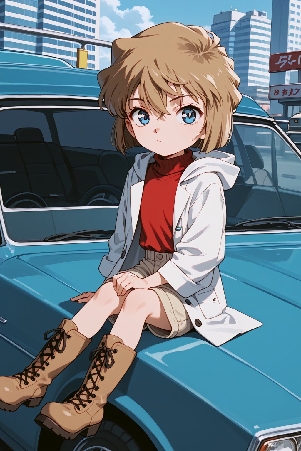 score_9, score_8_up, score_7_up, score_6_up, masterpiece, best quality, ultra-detailed, highres, absurdres, retro artstyle, 
1girl, solo, AiHaibaraDCXL, child, big eyes, short hair, brown hair, hair between eyes, blue eyes, flat chest, 
shirt, red shirt, turtleneck shirt, shorts, light brown shorts, lab coat, boots, drown boots, 
tokyo city, outdoors, day, 
car, light vehicle, on top of the car hood, sitting on the hood, , looking at viewer, 