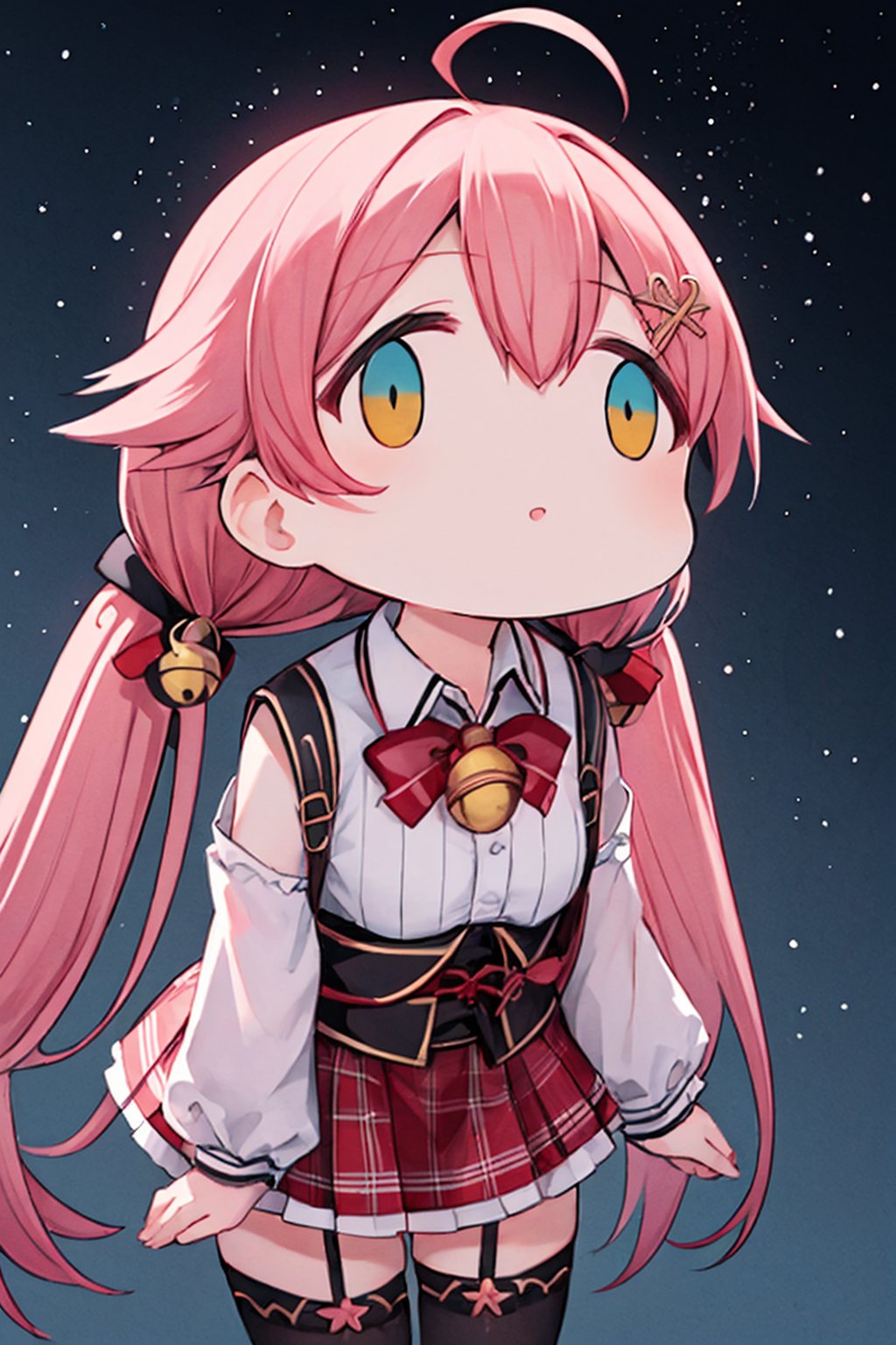 masterpiece, best quality, ultra-detailed, (detailed background, complex background:1.2), 1girl, solo, MikoCasual, pink hair, long hair, low twintails, ahoge, jingle bell, collared shirt, corset, red skirt, black thighhighs, garter straps, bow, shoulder cutout, Background (starry sky), fx_meme, ((looking up)), 