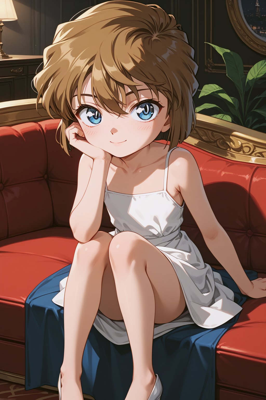 score_9, score_8_up, score_7_up, score_6_up, masterpiece, best quality, ultra-detailed, highres, absurdres, retro artstyle, 
1girl, solo, AiHaibaraDCXL, child, big eyes, short hair, brown hair, hair between eyes, blue eyes, flat chest, 
dress, white dress, sleeveless, high-heel, white high-heel, collarbone, 
luxurious hotel, lounge, indoors, 
sitting on couch, light smile, blush, knees up, head rest, elbow on own knee, looking at viewer, 
