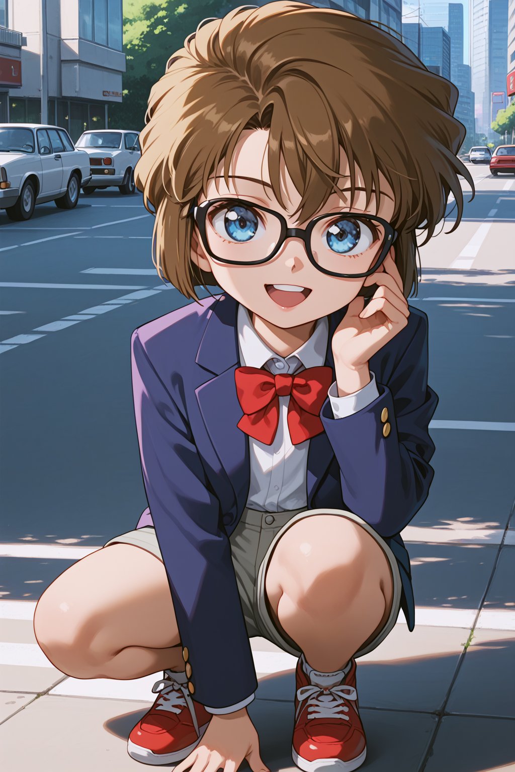 score_9, score_8_up, score_7_up, score_6_up, masterpiece, best quality, ultra-detailed, highres, absurdres, retro artstyle, 
1girl, solo, AiHaibaraDCXL, child, big eyes, short hair, brown hair, hair between eyes, blue eyes, flat chest, 
shirt, white shirt, blazer, blue blazer, shorts, gray shorts, red sneakers, bowtie, red bowtie, glasses, black rimmed glasses, 
tokyo city, outdoors, day, 
squatting, laughing with your mouth open:1.2, hand on glasses, looking at viewer, 