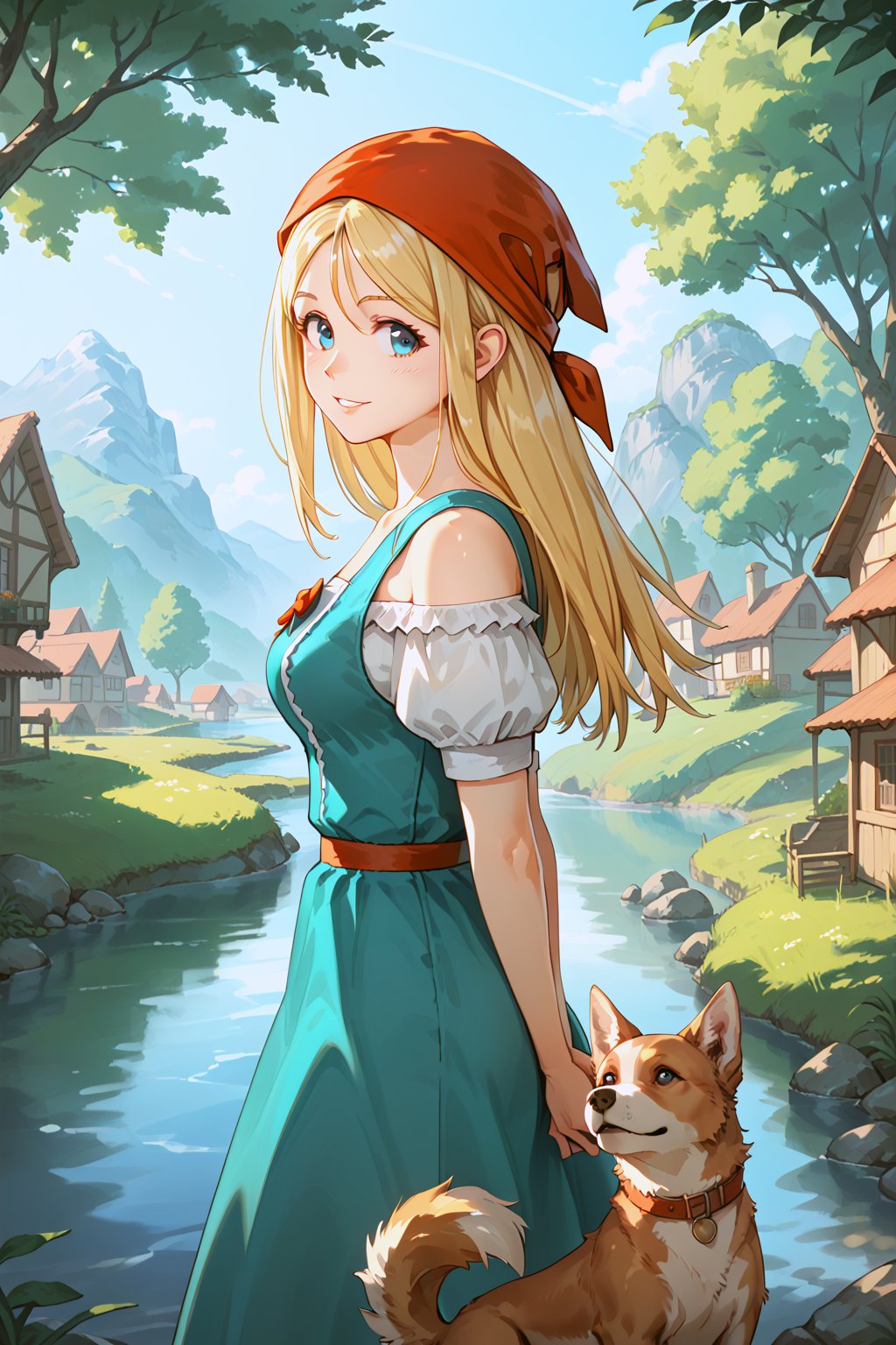 score_9, score_8_up, score_7_up, score_6_up, score_anime, 
1girl, solo,emma (dq11), red bandana, 
village, stream, river, large tree, outdoors, 1dog, 
standing, contrapposto, head tilt, arms behind back, light smile, parted lips, light blush, looking at viewer, from side, 