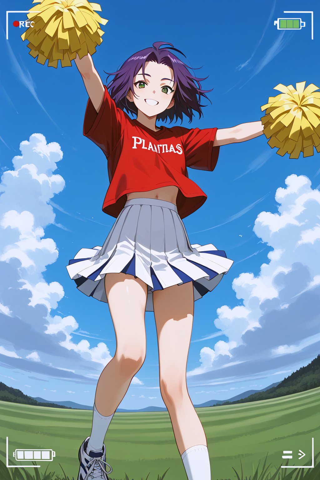 score_9, score_8_up, score_7_up, score_6_up, score_anime, masterpiece, best quality, ultra-detailed, highres, absurdres, 
1girl, solo, FV, young girl, purple hair, green eyes, no-makeup, 
tshirt, red tshirt, skirt, white skirt, pleated skirt, white socks, ankle socks, sneakers, 
Plains, prairie, grassland, sky, outdoor, 
cheerleading, smile, yellow pom-poms, looking at viewer, viewfinder, 