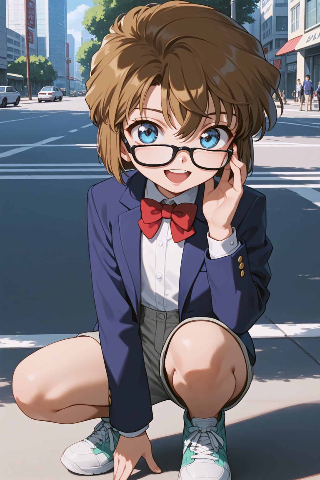 score_9, score_8_up, score_7_up, score_6_up, masterpiece, best quality, ultra-detailed, highres, absurdres, retro artstyle, 
1girl, solo, AiHaibaraDCXL, child, big eyes, short hair, brown hair, hair between eyes, blue eyes, flat chest, 
shirt, white shirt, blazer, blue blazer, shorts, gray shorts, sneakers, bowtie, red bowtie, glasses, black rimmed glasses, 
tokyo city, outdoors, day, 
squatting, laughing with your mouth open:1.2, hand on glasses, looking at viewer, 