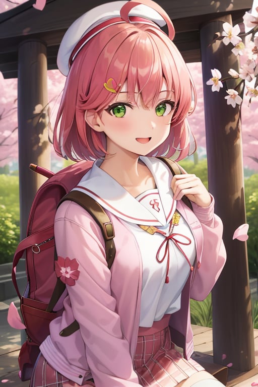 masterpiece, best quality, ultra-detailed, highres, absurdres, (detailed background, complex background:1.2), (perfect face, detailed face), (detailed realistic background:1.3), beautiful lighting, natural light, soft lighting, 
1girl, solo, MikoSchool, ahoge, short hair, green eyes, hairclip, 
white headwear, school uniform, white shirt, sailor collar, pink skirt, plaid, thighhighs, pink jacket, pink backpack, backpack in mikop, 
Japanese shrine, torii, cherry blossoms, (petals:1.3), outdoors, 
happy, smile, wide mouth, looking at viewer, double waving, 
(portrait, serene, flowing petals, petals fluttering), 
