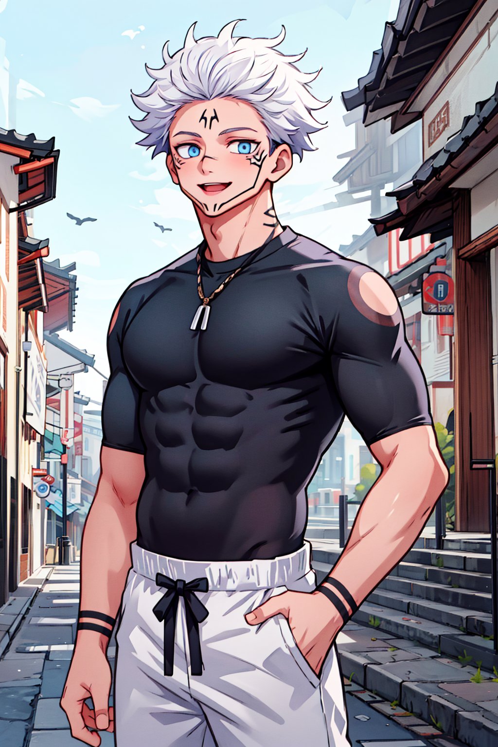 1 boy, edge light, Gojo Satoru, powerful sorcerer, tight black t-shirt, loose white pants, bright blue eyes, white hair, happy, city background, Jujutsu Kaisen, mix of fantasy and realism, special effects, fantasy, ultra HD, HDR, 4K,sukunatattoo