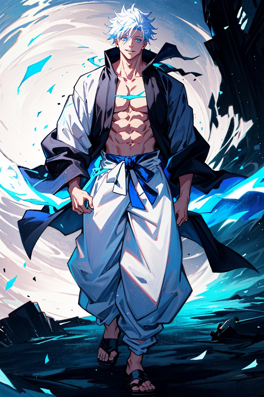 1 boy, edge light, Gojo Satoru, powerful sorcerer, tight black t-shirt, loose white pants, bright blue eyes, white hair, happy, city background, Jujutsu Kaisen, mix of fantasy and realism, special effects, fantasy, ultra HD, HDR, 4K,