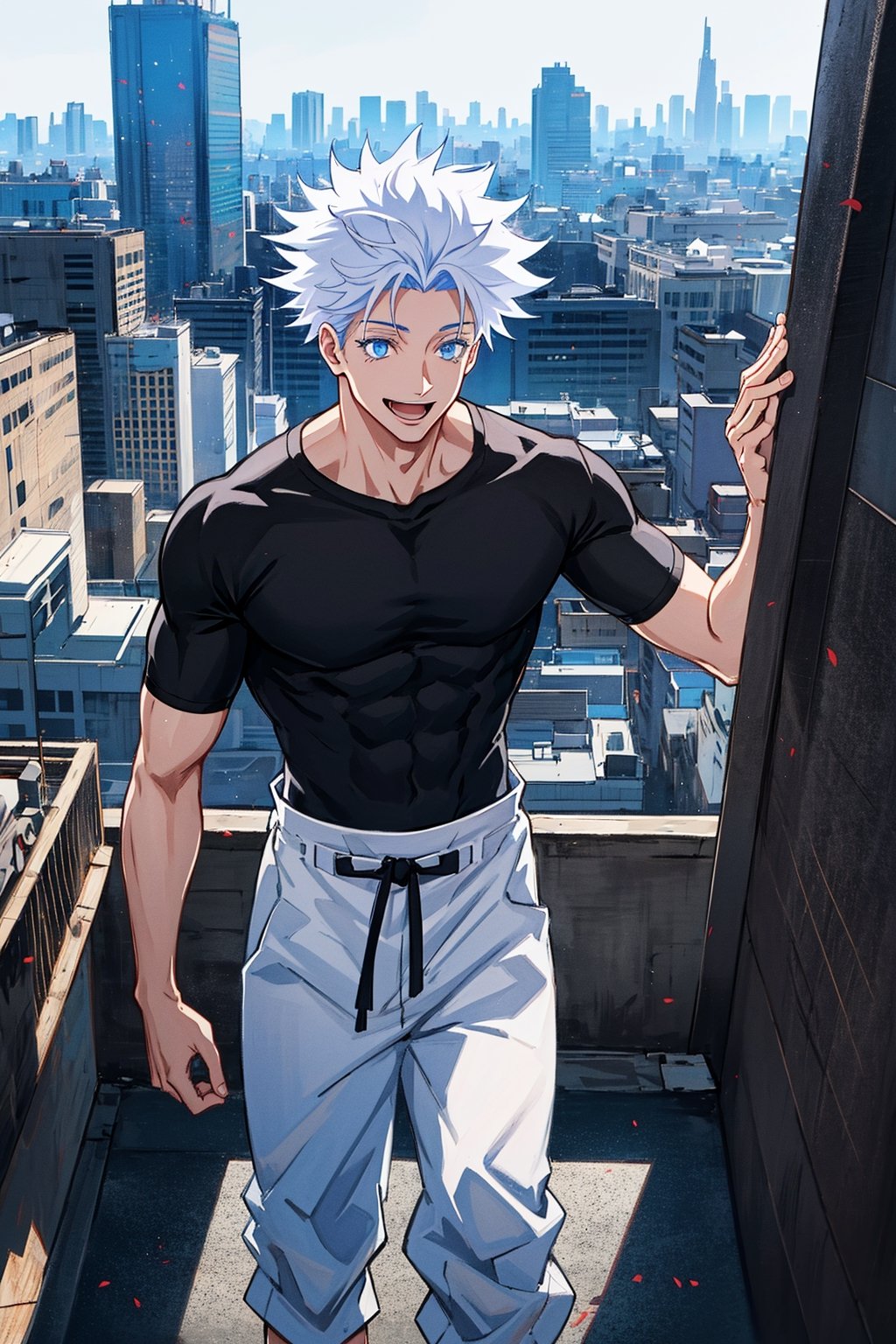 1 boy, edge light, Gojo Satoru, powerful sorcerer, tight black t-shirt, loose white pants, bright blue eyes, white hair, happy, city background, Jujutsu Kaisen, mix of fantasy and realism, special effects, fantasy, ultra HD, HDR, 4K,