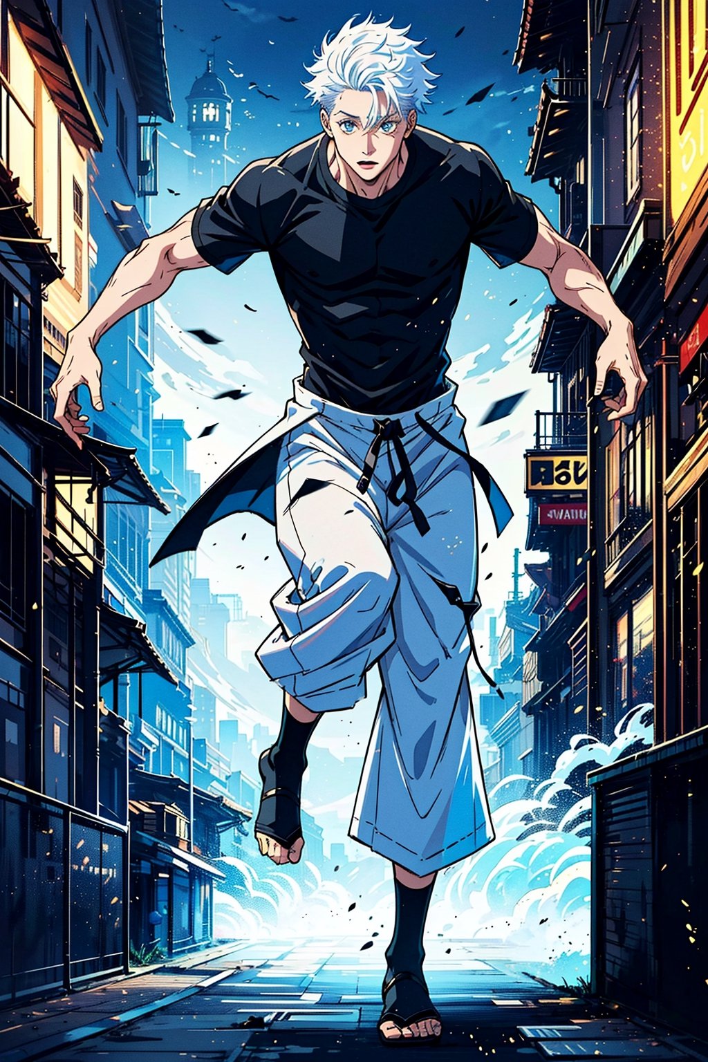 1boy, Gojo Satoru, powerful sorcerer, full body, tight black t-shirt, loose white pants, light blue eyes, white hair, city background, Jujutsu Kaisen, mix of fantasy and realism, special effects, fantasy, ultra HD, HDR, 4K, realhands, gojosatoru