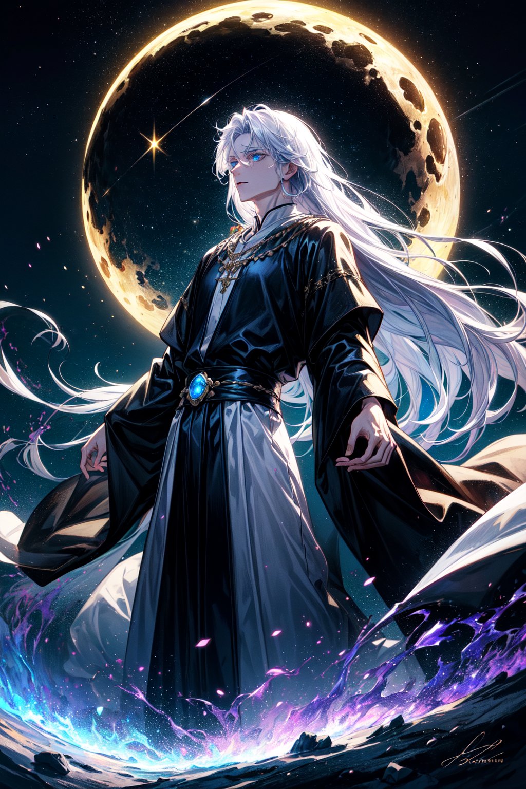 A young sorcerer stands against a darkened backdrop, illuminated by soft, lunar hues. His long, silver hair flows like moonlight on a starry night, framing his enigmatic features. Intense blue eyes gleam with wisdom as he gazes into the distance. A black robe with intricate, shimmering constellations adorns his figure, while a delicate necklace featuring a radiant moonstone amplifies his magical connection. The overall atmosphere is mystical and ethereal, with an air of ancient wisdom.