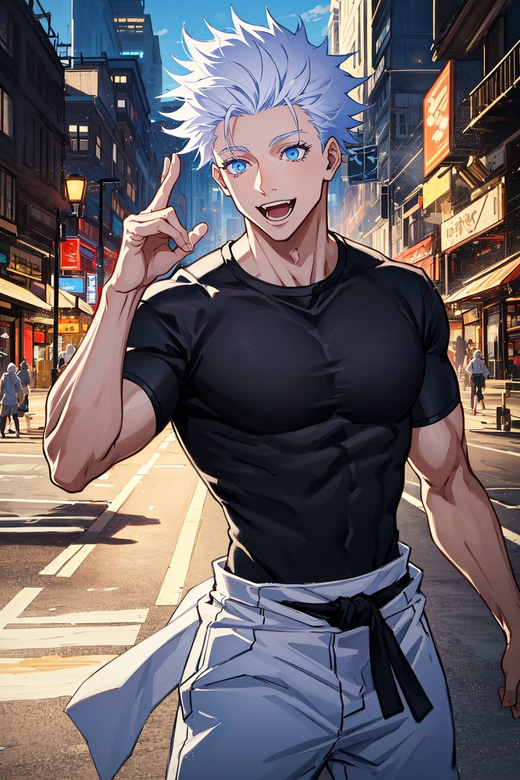 1 boy, edge light, Gojo Satoru, powerful sorcerer, tight black t-shirt, loose white pants, bright blue eyes, white hair, happy, city background, Jujutsu Kaisen, mix of fantasy and realism, special effects, fantasy, ultra HD, HDR, 4K,