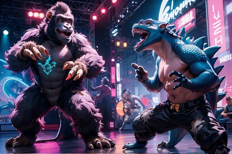 2guys, dance-off, dance competition, anthro gorilla, anthro lizard, neon background, Godzilla, dkong