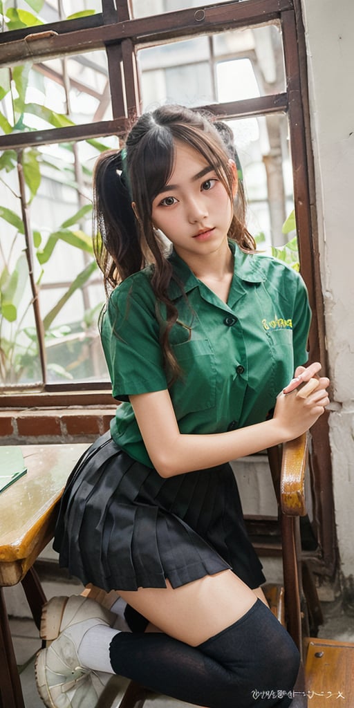 1girl, half body portrait, (age 13-16:1.4), gorgeous, (dynamic pose:0.8),studio lighting, white background, ((vietnamese teen top model)), bang, curly long hair, buns, heterochromia,,downblouse, ((twuniform)). ((green taiwan high school uniform)),twuniform