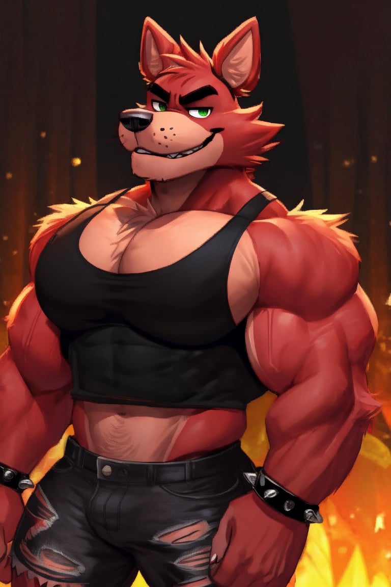 Male Muscular Foxy, (wearing a Black tank top and green ripped shorts) (big pecs) (fnaf) 