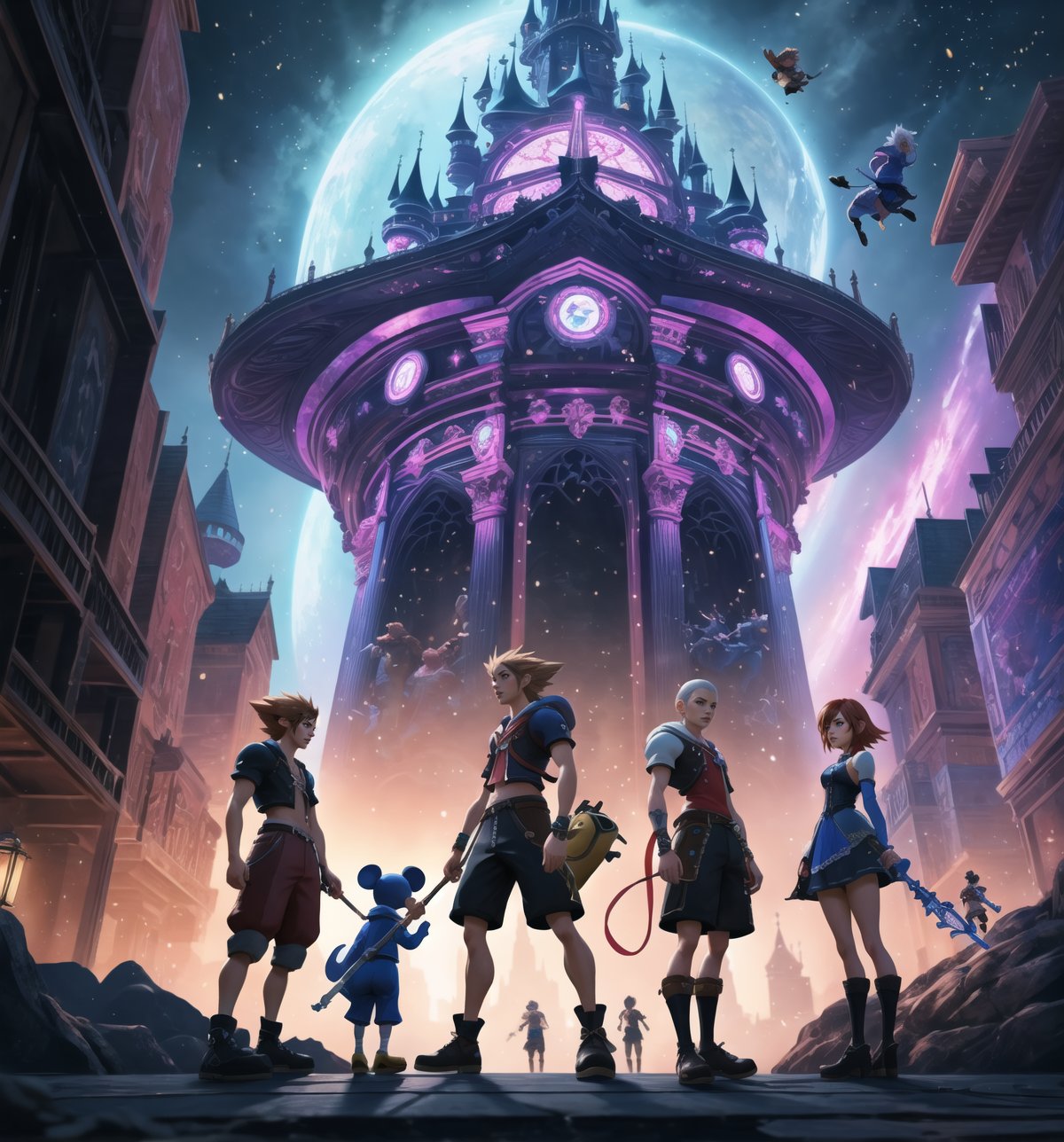 Masterpiece in maximum 4K resolution, inspired by the cover style of the game Kingdom Hearts 3. | The cover features all of the game's iconic characters, brought together in an epic composition. In the center, Sora, the protagonist, stands out, with a Keyblade in hand and a determined look. To his right, Riku and Kairi, his faithful companions, are ready for battle. On the opposite side, Disney characters, such as Mickey, Donald and Goofy, contribute to the diversity of the scene. Emblematic villains like Xehanort and Ansem also occupy strategic spaces in the composition. | The atmosphere of the cover is intensified by a dynamic background, mixing elements from the various worlds present in the game. Futuristic structures, enchanted castles, spaceships and magical landscapes form the background. Cinematic lighting highlights each character and adds depth to the scene. | The game logo "Kingdom Hearts 3" is positioned at the top of the cover, with a unique design that combines elements of fantasy and adventure. The letters have a refined quality and feature details that reflect the game's magical universe. | The Kingdom Hearts 3 game cover features an epic composition featuring all of the main characters, providing players with a comprehensive look at the game's diverse and exciting universe. | ((perfect pose)), ((perfect arms):1.2), ((perfect limbs, perfect fingers, better hands, perfect hands, hands)), ((perfect legs, perfect feet):1.2), ((perfect design)), ((perfect composition)), ((very detailed scene, very detailed background, perfect layout, correct imperfections)), Enhance, ((Ultra details))++, ((poakl)), More Detail