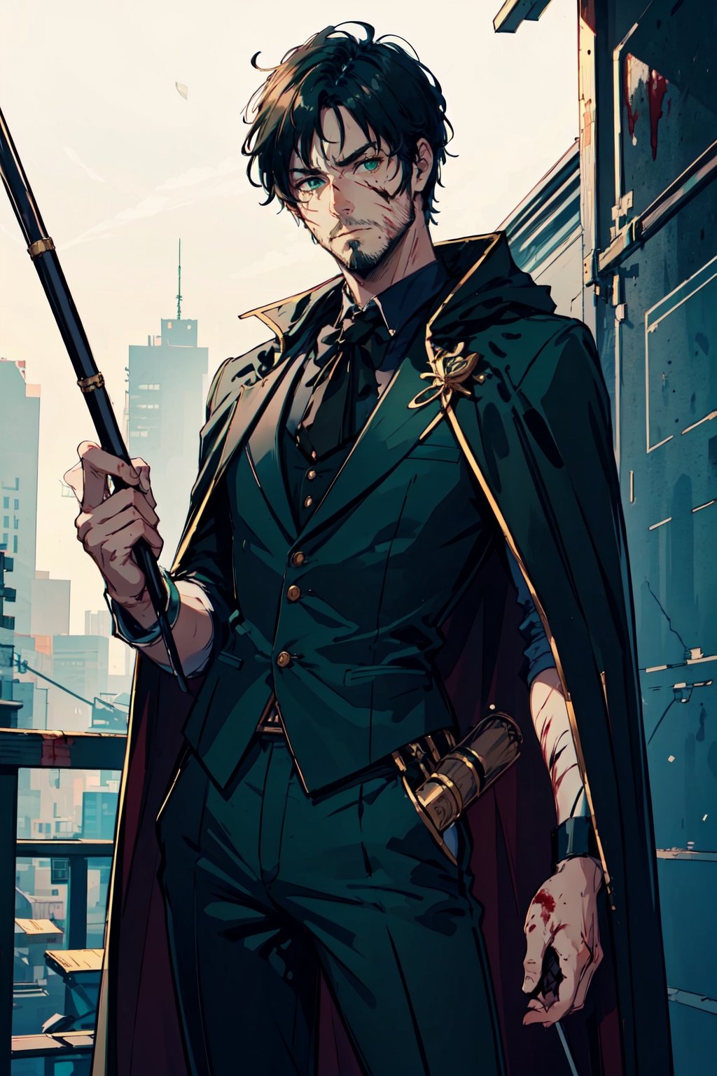 (-_-)masterpiece ,1man,blood on face,green eyes,thin beard,ambient light,short hair,serious face expression,green tuxedo,black anklepants,half cape,dark art,holding cane , dark skin