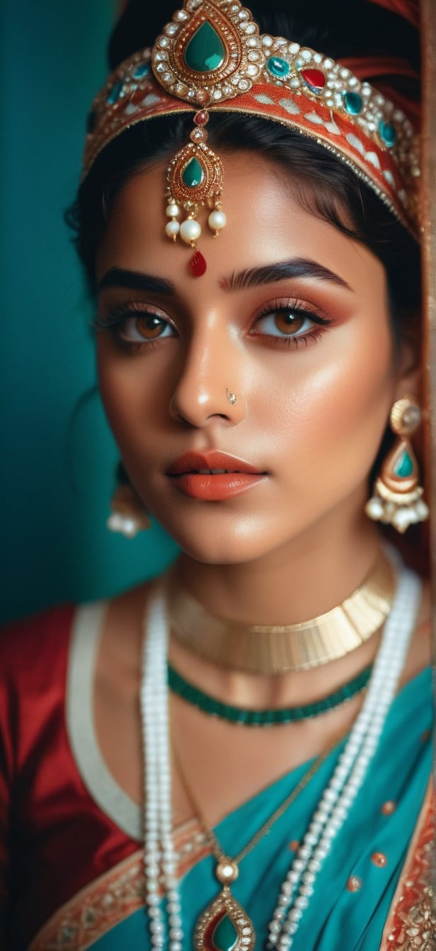 1girl, Indian lady, extremely beautiful, surreal dramatic lighting and shadow, splash detailed, (lofi, analog), kodak film by Brandon Woelfel and Ryan McGinley, moment eyes, captivating face, elegant and alluring, mid body, adorned in traditional attire with intricate jewelry, vibrant colors.