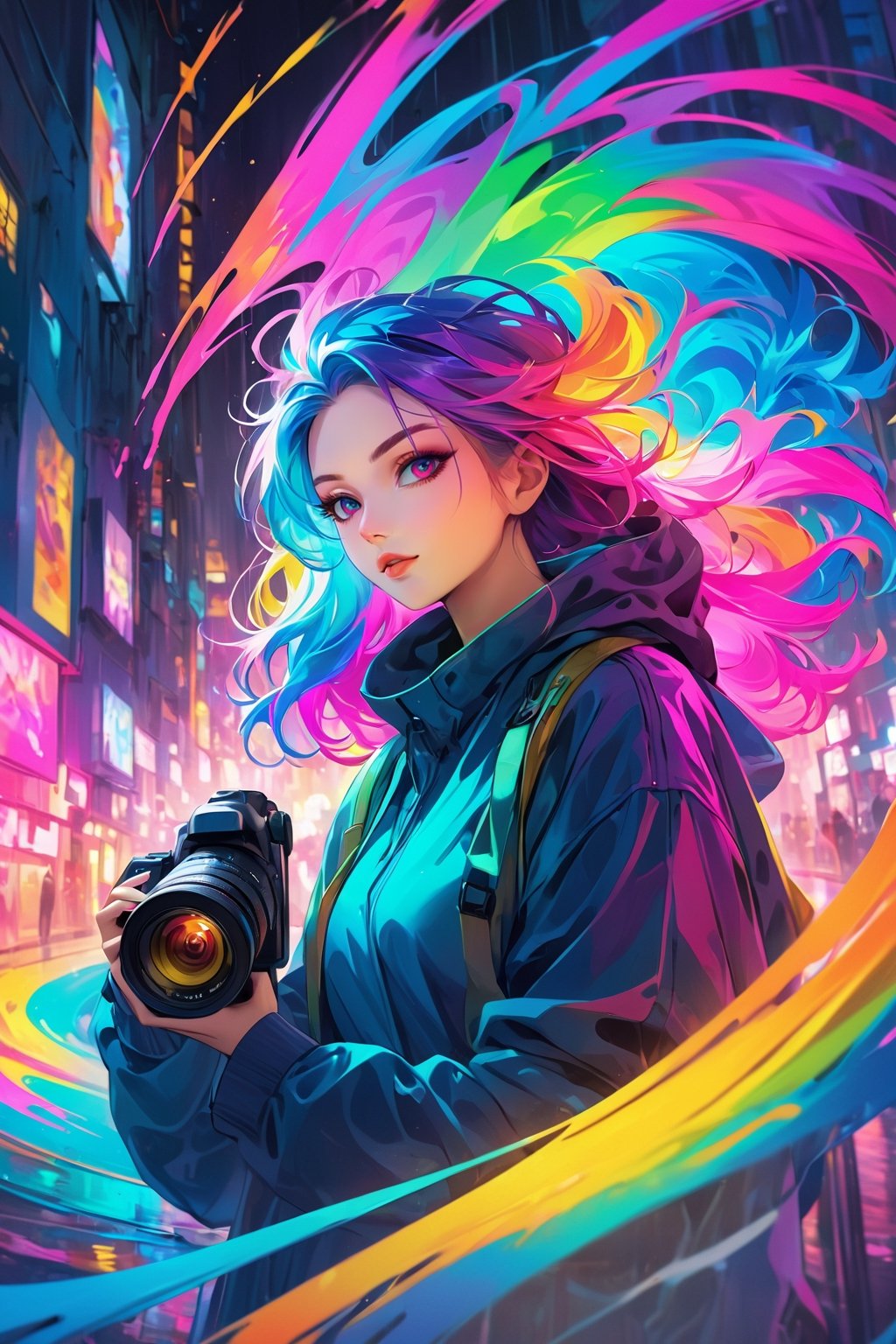 A mysteriously alluring photographer with vibrant, rainbow-colored hair holds a video camera, exuding a sense of depth and intrigue. The monochromatic color scheme only serves to emphasize the neon tones of the hair, adding a dynamic contrast to the scene. This digital painting expertly crafted with intricate digital brush strokes and vector graphics immerses viewers in a world where modern technology meets artistic expression. The portrait pops with neon hues, showcasing the photographer's creativity and passion in a visually captivating way.
