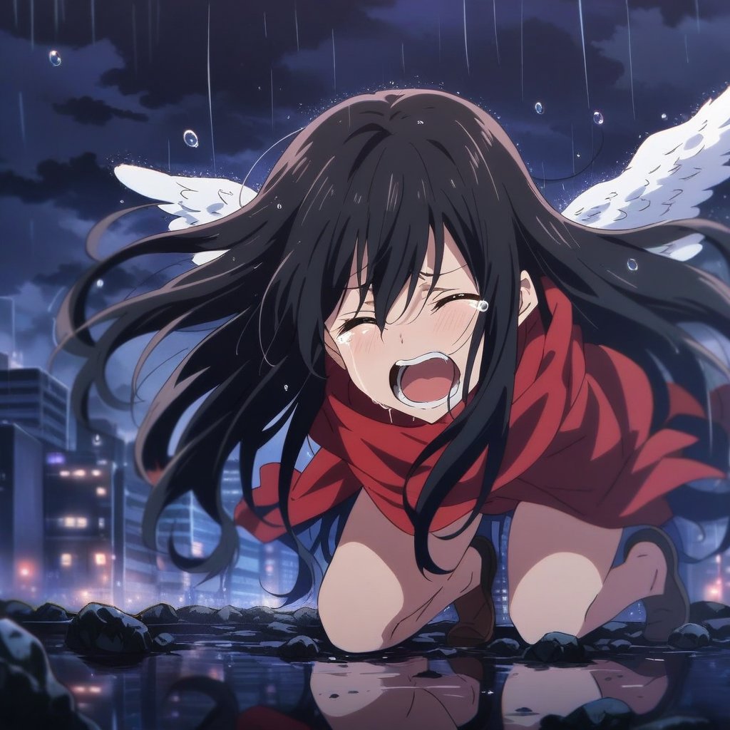 1girl,solo,long hair,black hair,eyes closed,crying,tears,open mouth,expression of suffering,screaming,red scarf,Angel wings:1.1,flip up,kneeling,city,debris,dark sky,dark clouds,raining,raindrops,storm,puddles,reflection,16k,masterpiece,full quality,intricate,highest resolution,extremely detailed,finely detail,Visual Anime,anime,anime coloring