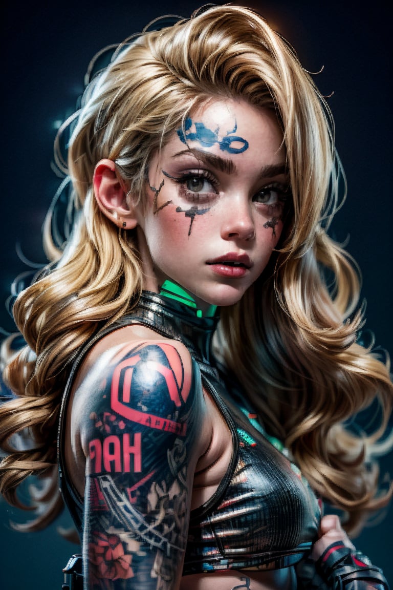 beautiful pale cyberpunk female with heavy black eyeliner, blonde, blue eyes, shaved side haircut, whole body, tatoo on left shoulder, hyper detail, cinematic lighting, magic neon, dark red city 