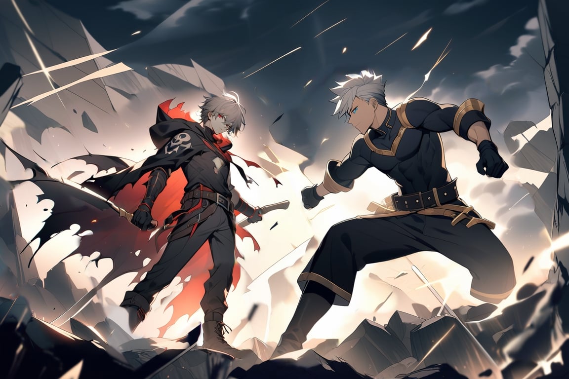  1boy, holding, closed mouth, standing, weapon, gray hair, eyes red ,eyes red , male focus,, hood, medium hair, cape, black footwear, holding weapon, gradient, torn clothes,, cloak, black cape, scythe, black cloak, holding scythe, torn cape, torn
