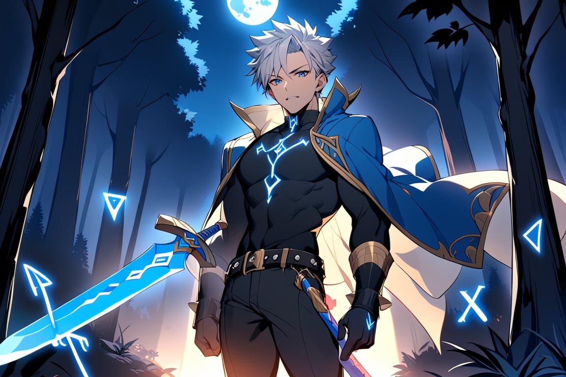 solo, arrogant smile,  short hair, white hair, spiked hair, pixie cut, bangs, blue eyes, shirt, gloves, long sleeves, 1man,muscle body, huge sword,standing, white hair, male focust, black gloves, belt, pants, blue trim, black shirt, black pants, gold trim, night, moon light, forest, (Large shiny blue sword with runes on it:1.3), sword, blood in background