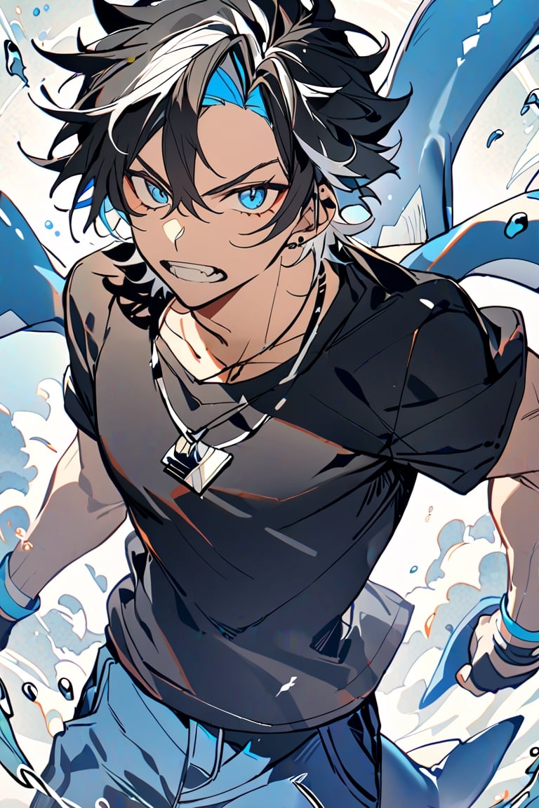 1 man, black hair with white highlights, blue eyes, wearing a black t-shirt, blue pants, necklace with shark fangs, sharp teeth, with defined abominals, with a serious expression, two-tone hair