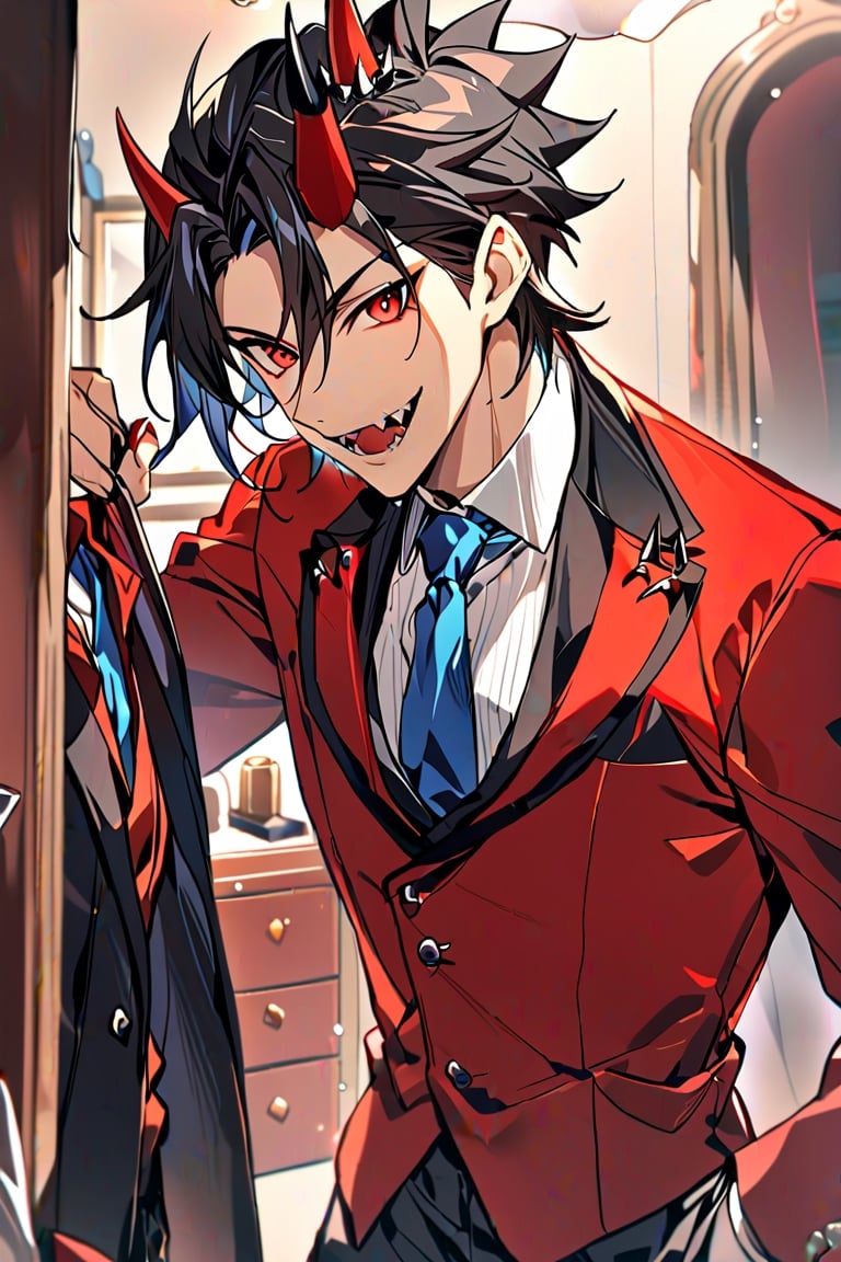 1 man, crimson eyes (happy look), vampire fangs, spiky black hair, with a single left horn on his head, dressed in red (in an elegant red bleicer with a blue tie), fixing his tie in front of the mirror